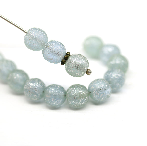 8mm Frosted light blue round czech glass druk pressed beads, silver wash, 15Pc