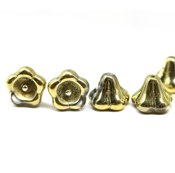 11x13mm Gold coated trumpet flower Czech glass beads, 6Pc