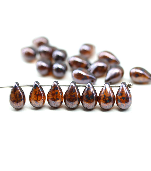 6x9mm Dark topaz czech glass teardrop beads picasso - 20pc
