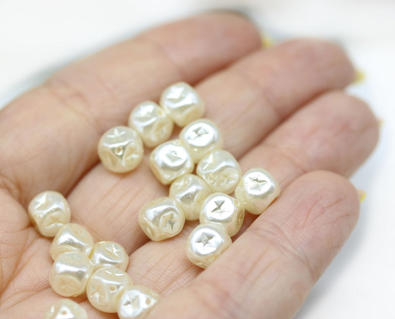 7mm Pearl coating off white cube czech glass beads star ornament, 20pc