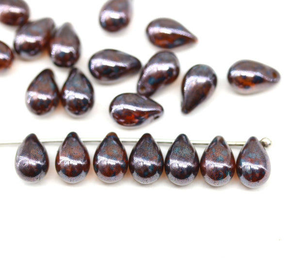 6x9mm Dark topaz czech glass teardrop beads picasso - 20pc