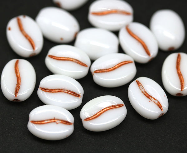 Coffee bean Czech glass beads - White copper inlays - 15pc
