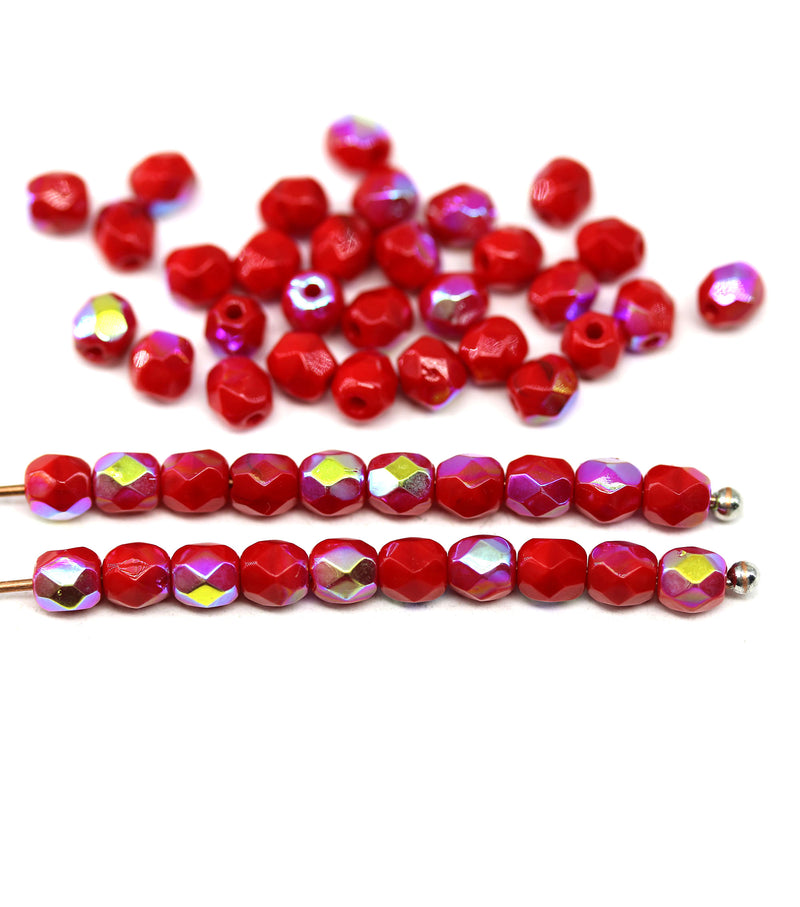 4mm Red Czech glass beads fire polished AB luster, 50Pc