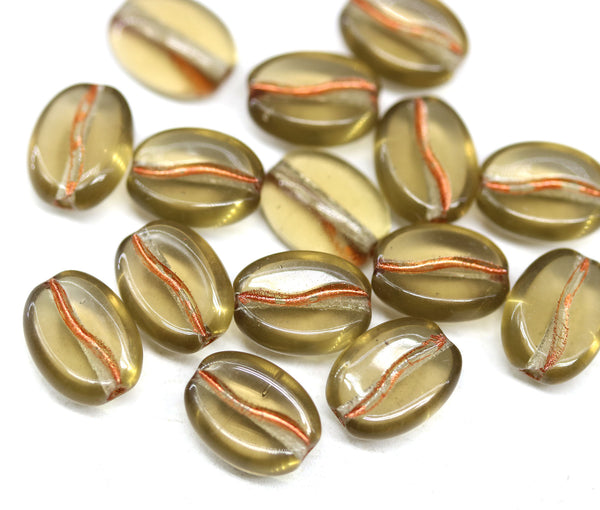 Coffee bean Czech glass beads - Light brown copper inlays - 15pc