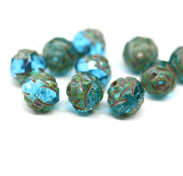 8mm Aqua blue picasso ends rose bud flower round fire polished beads 10pc