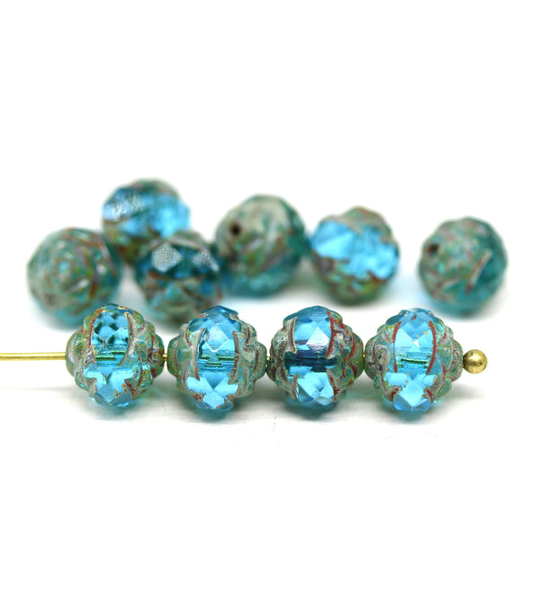 8mm Aqua blue picasso ends rose bud flower round fire polished beads 10pc