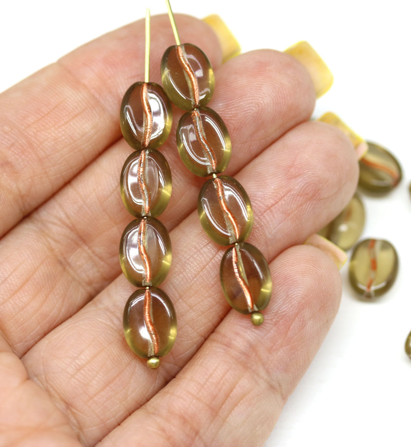 Coffee bean Czech glass beads - Light brown copper inlays - 15pc