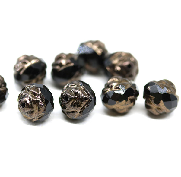 8mm Black copper ends rose bud flower round fire polished beads 10pc