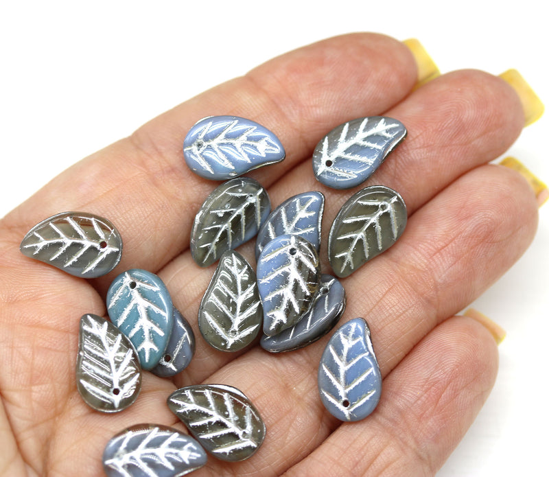 14x9mm Blue brown Czech glass leaves, Two tone mixed color, silver inlays, 15pc