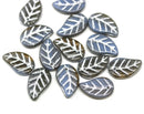 14x9mm Blue brown Czech glass leaves, Two tone mixed color, silver inlays, 15pc