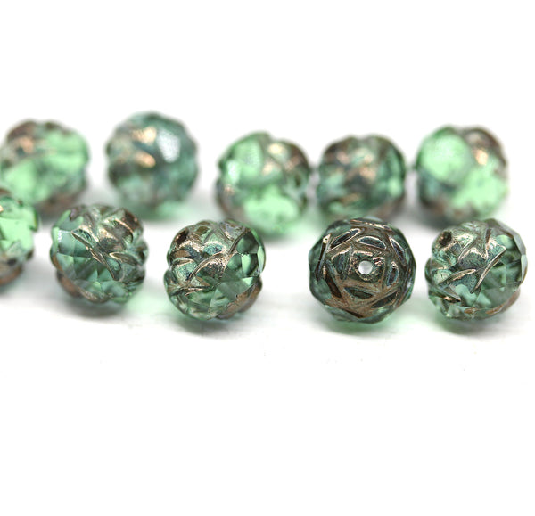 8mm Antique green copper ends rose bud flower round fire polished beads 10pc