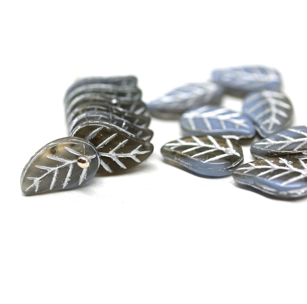 14x9mm Blue brown Czech glass leaves, Two tone mixed color, silver inlays, 15pc