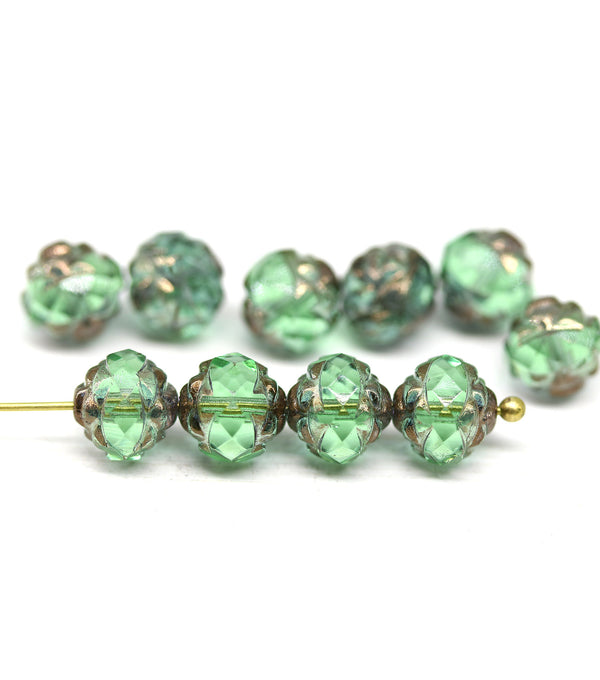 8mm Antique green copper ends rose bud flower round fire polished beads 10pc