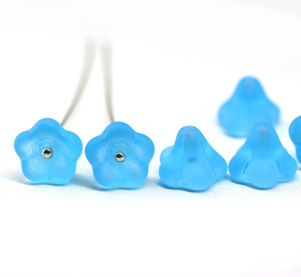 11x13mm Frosted blue trumpet flower Czech glass beads, 6Pc