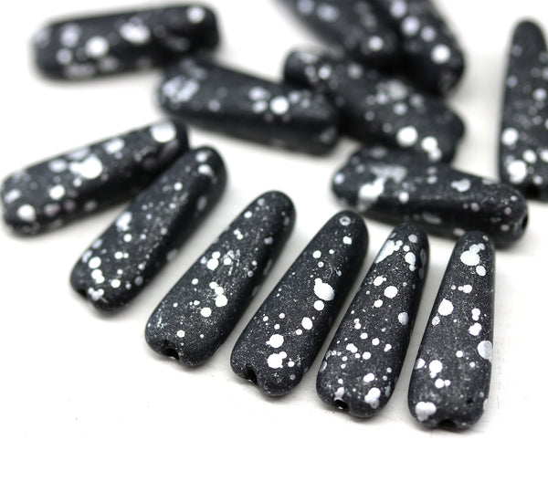 17x6mm Long black triangle beads silver flakes Czech glass, 15Pc