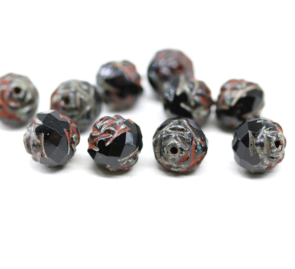 8mm Black picasso ends rose bud flower round fire polished beads 10pc