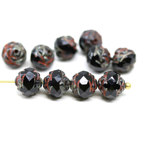 8mm Black picasso ends rose bud flower round fire polished beads 10pc