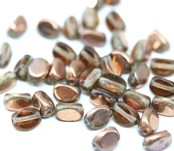 7x5mm Light gray fire polished barrel Czech glass beads copper finish oval cut, 40pc