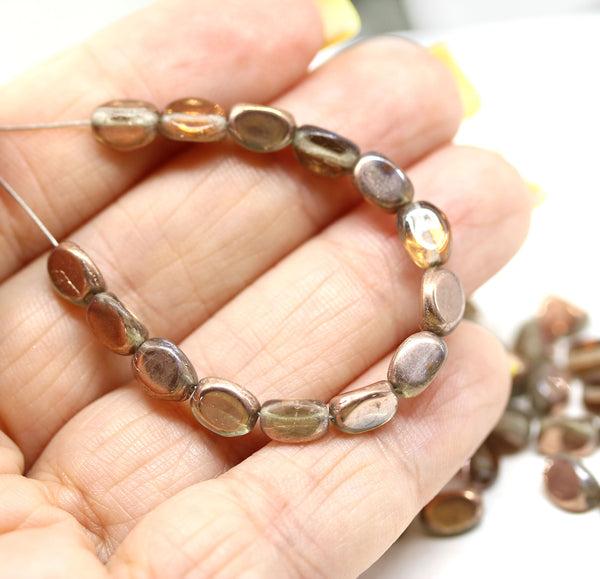 7x5mm Light gray fire polished barrel Czech glass beads copper finish oval cut, 40pc