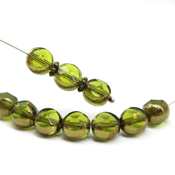 8mm Olive green czech glass fire polished round cut beads - 10Pc