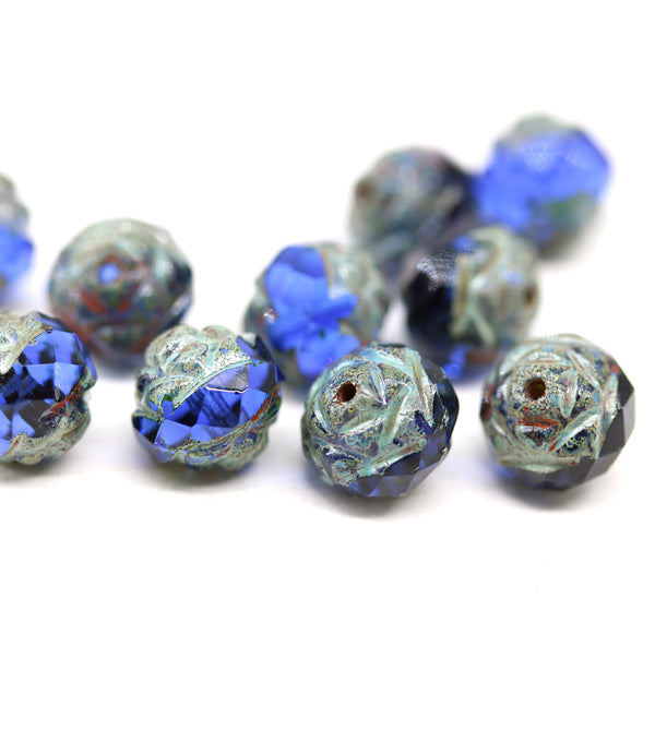 8mm Dark blue picasso ends rose bud flower round fire polished beads 10pc