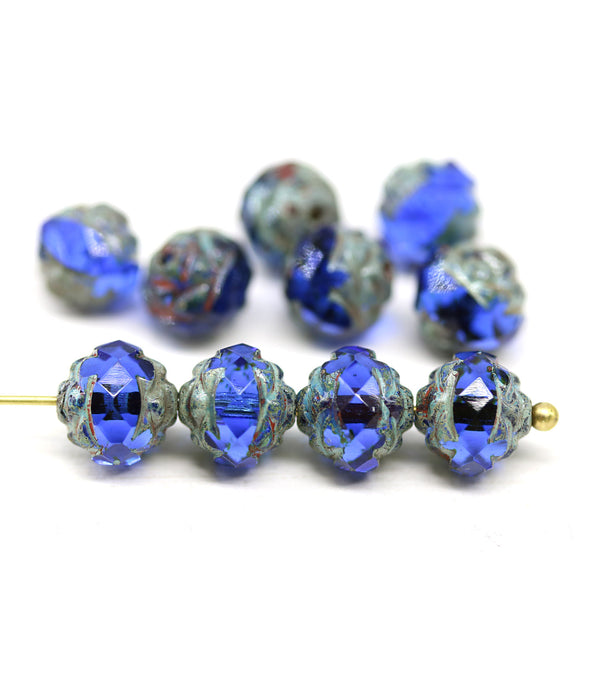 8mm Dark blue picasso ends rose bud flower round fire polished beads 10pc