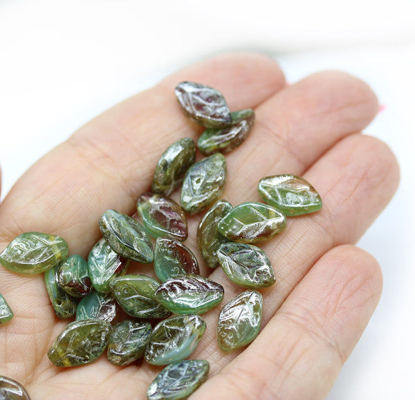 12x7mm Green brown leaf czech glass beads silver wash 30Pc