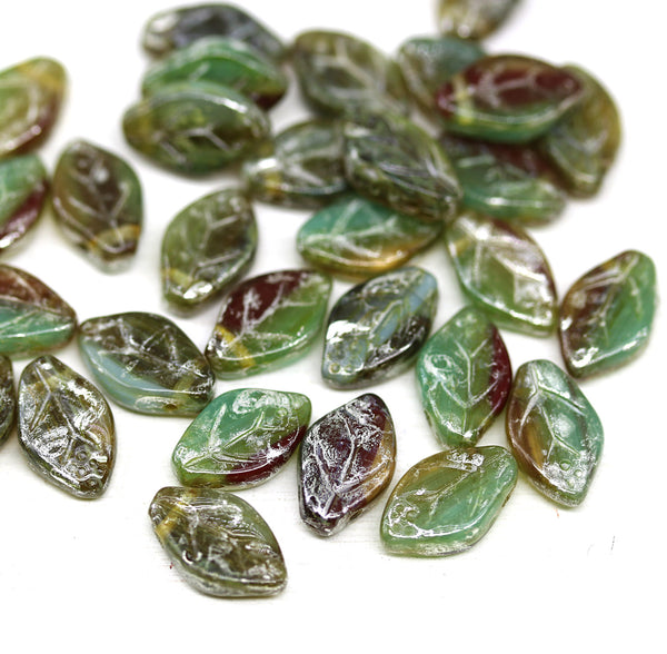 12x7mm Green brown leaf czech glass beads silver wash 30Pc