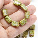 12x8mm Rectangle picasso green czech glass beads, 15pc
