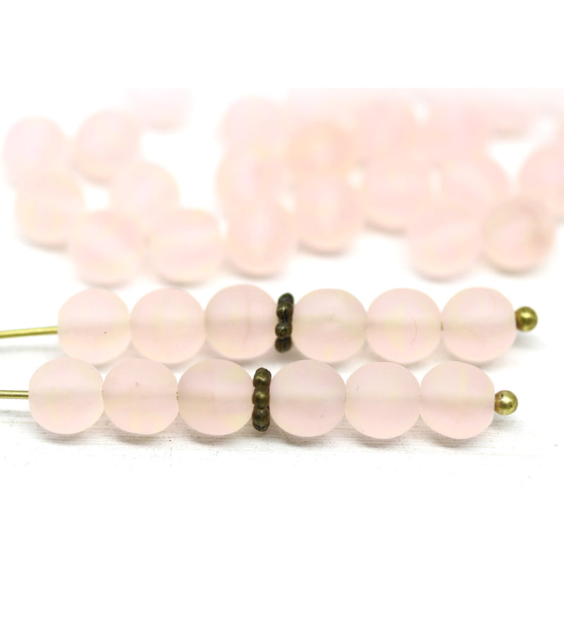 6mm Frosted pink round druk czech glass beads, 40Pc