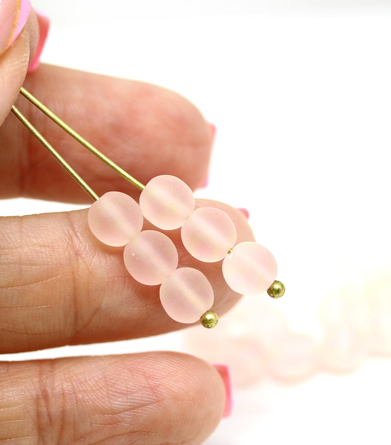 6mm Frosted pink round druk czech glass beads, 40Pc
