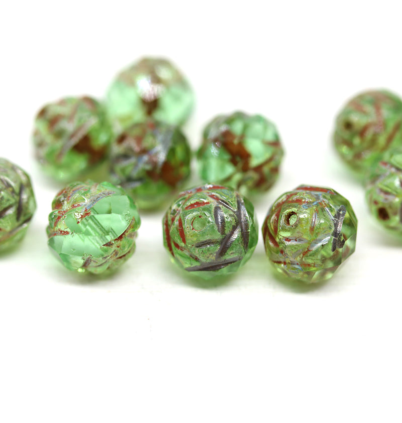 8mm Green picasso rose bud flower round fire polished beads 10pc