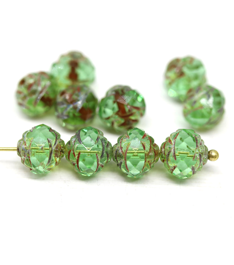 8mm Green picasso rose bud flower round fire polished beads 10pc