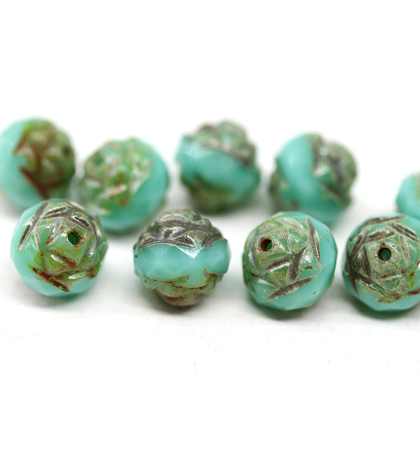 8mm Turquoise green picasso ends rose bud flower round fire polished beads 10pc