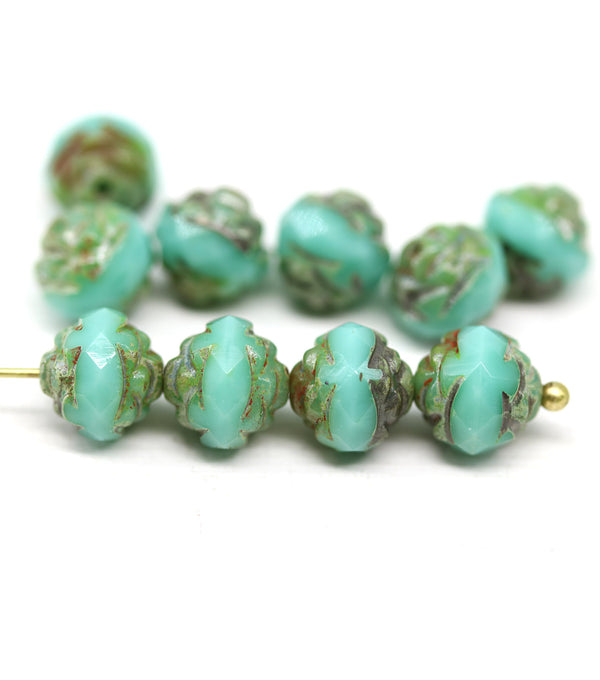 8mm Turquoise green picasso ends rose bud flower round fire polished beads 10pc