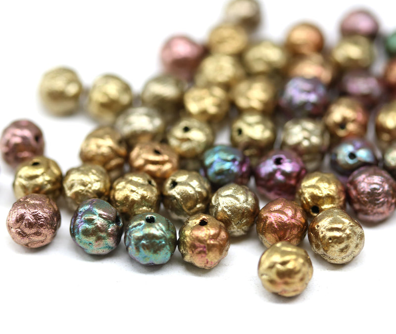 5mm Metallic rose bud Czech glass beads mix, 50pc