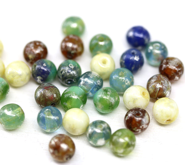 6mm Round druk czech glass beads mix, 30Pc