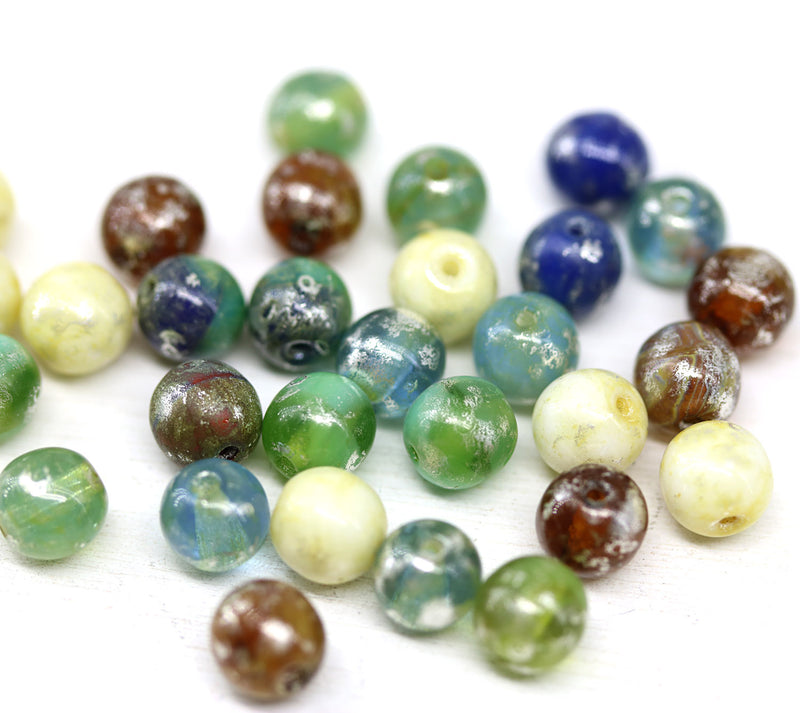 6mm Round druk czech glass beads mix, 30Pc