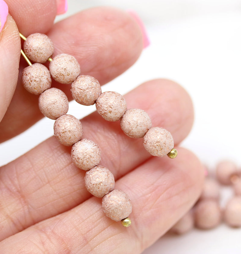 6mm Pink copper round druk czech glass beads, 30Pc