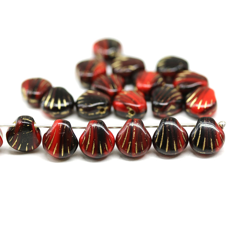 9mm Black red glass shell beads side drilled, 20pc