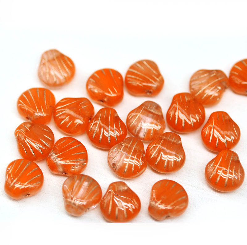 9mm Orange glass shell beads side drilled, gold wash, 20pc