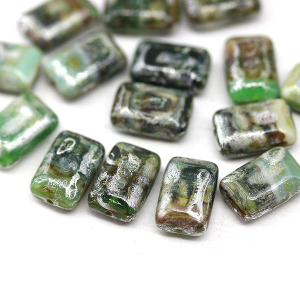 12x8mm Rectangle mixed green czech glass beads, rustic finish, 15pc