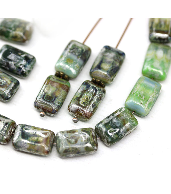 12x8mm Rectangle mixed green czech glass beads, rustic finish, 15pc
