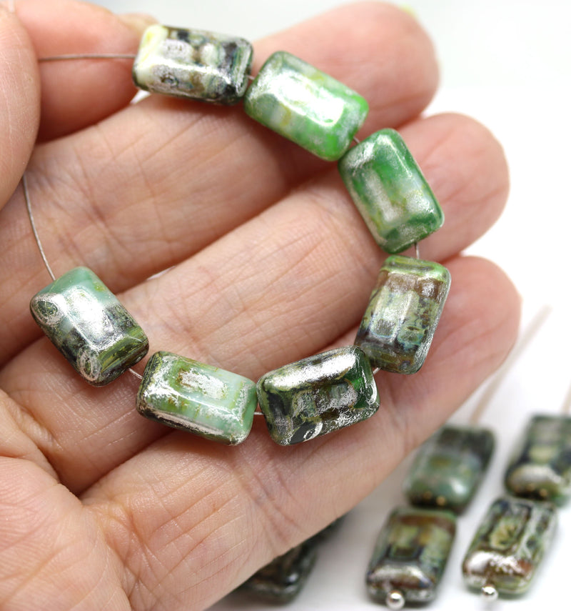 12x8mm Rectangle mixed green czech glass beads, rustic finish, 15pc
