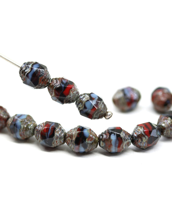 8x6mm Black red blue cathedral fire polished czech glass barrel beads - 15Pc
