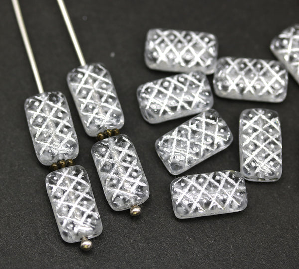 13x7mm Clear ornament rectangle pillows czech glass beads, silver wash, 12pc