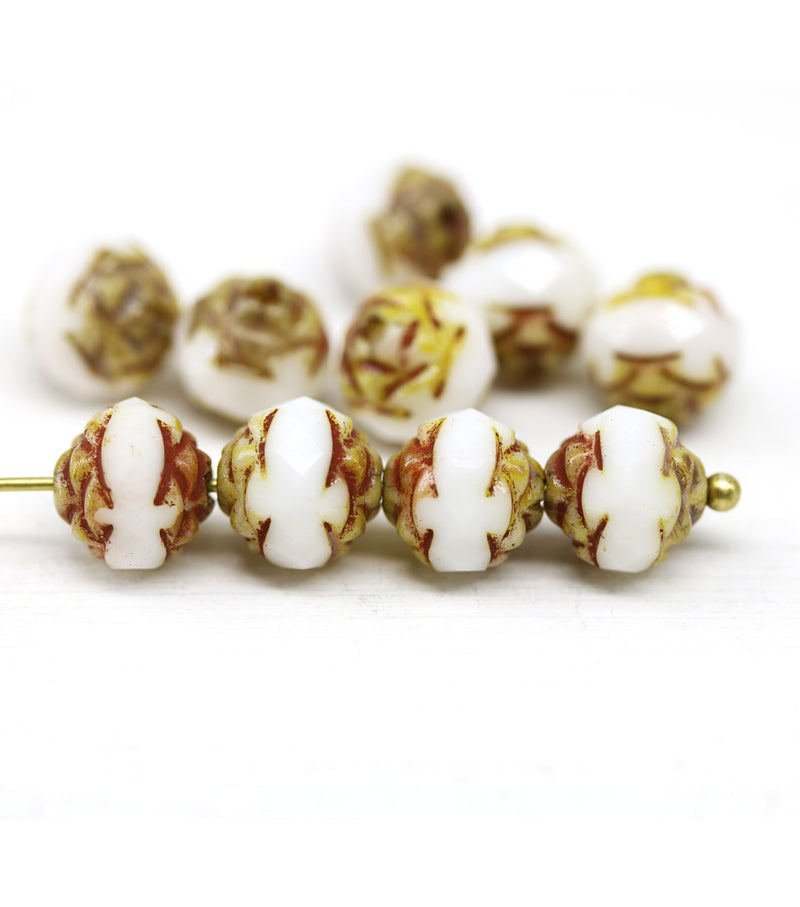 8mm White picasso rose bud flower round fire polished beads 10pc