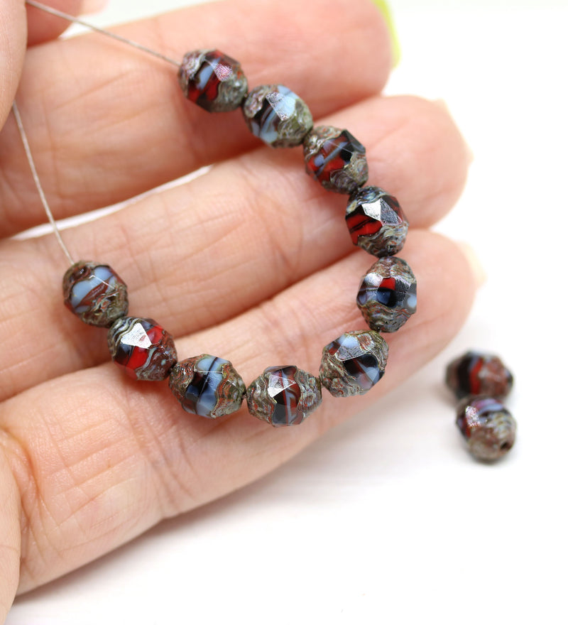 8x6mm Black red blue cathedral fire polished czech glass barrel beads - 15Pc
