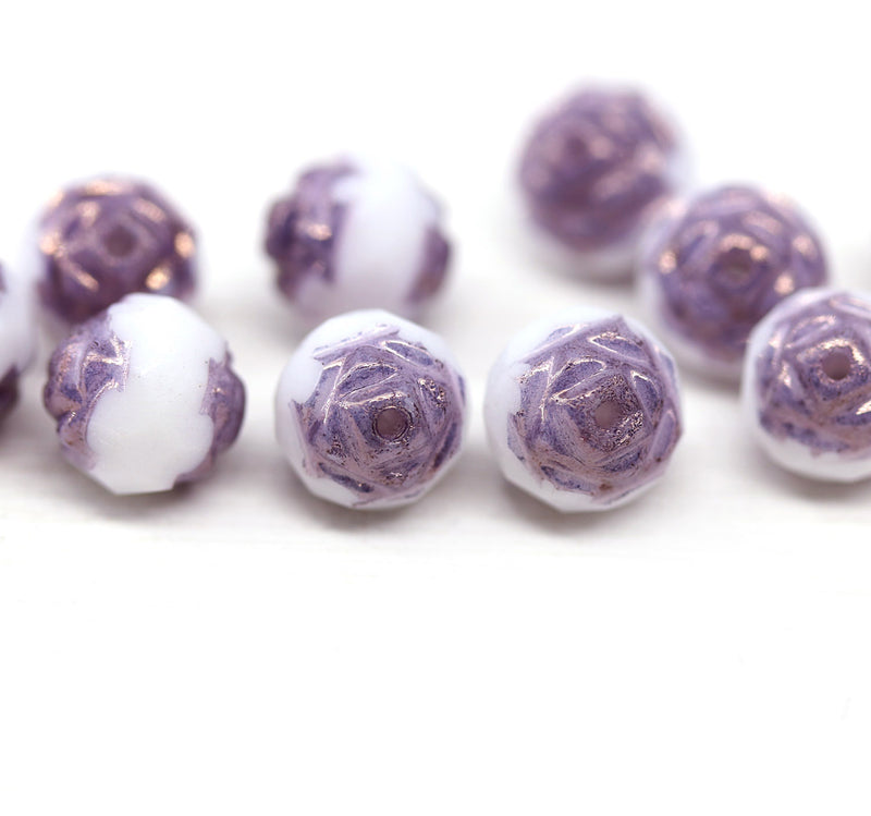 8mm White purple rose bud flower round fire polished beads 10pc