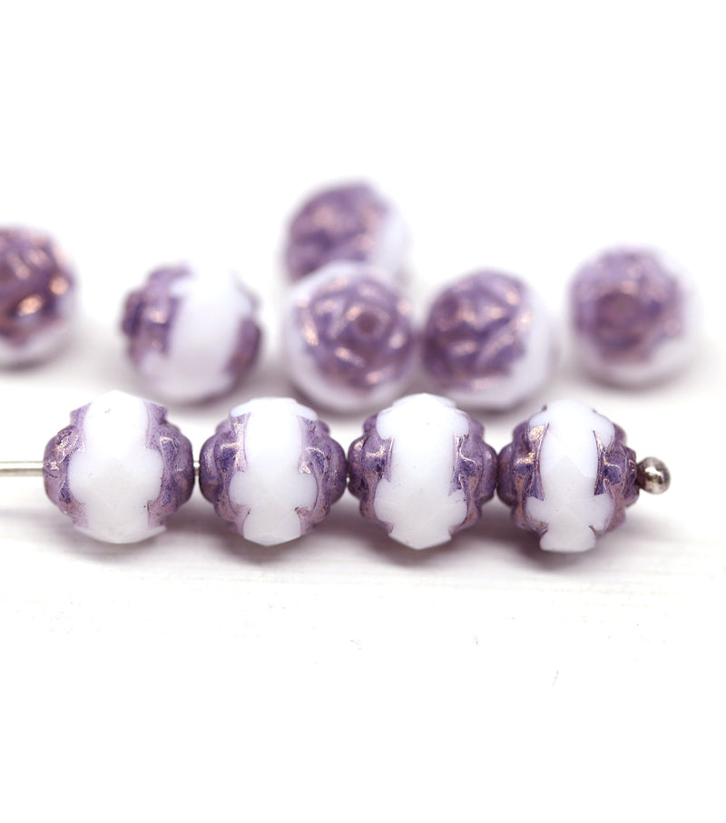 8mm White purple rose bud flower round fire polished beads 10pc